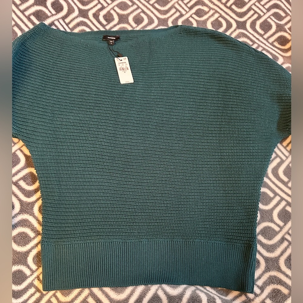 Express Womens Asymmetrical Off the Shoulder Long Sleeve Sweater Medium Teal - Picture 8 of 10